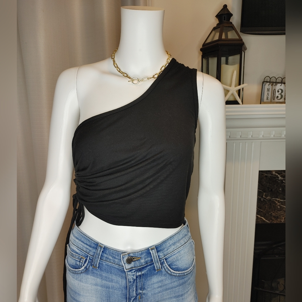 OMT FASHIONS One Shoulder Ruched Drawstring Side Crop Top, Black M
